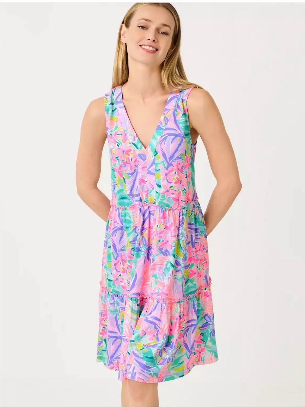 Lilly Pulitzer Pastel Tropical Floral V-Neck Dress in Pink, Lavender & Mint